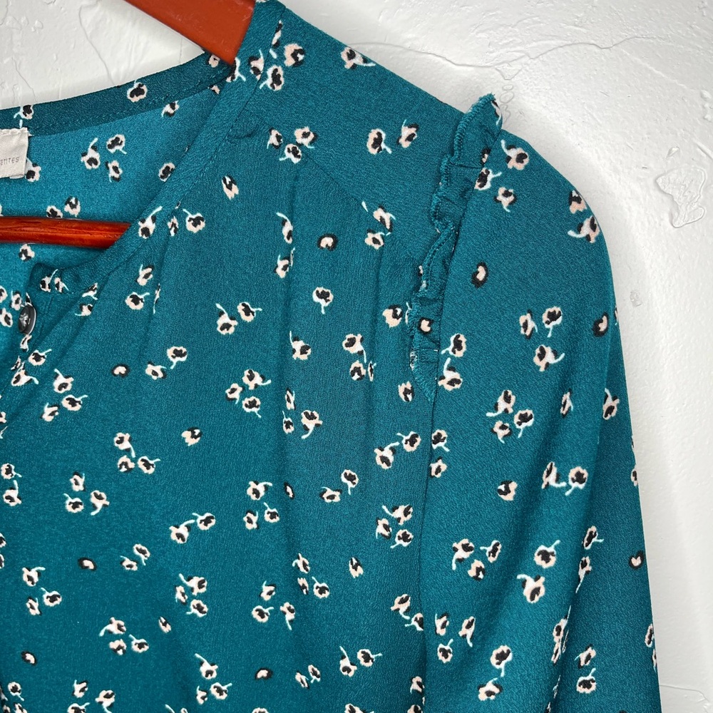 LOFT Teal Floral Long Sleeve‎ Mini Dress Medium Petite - Picture 4 of 7